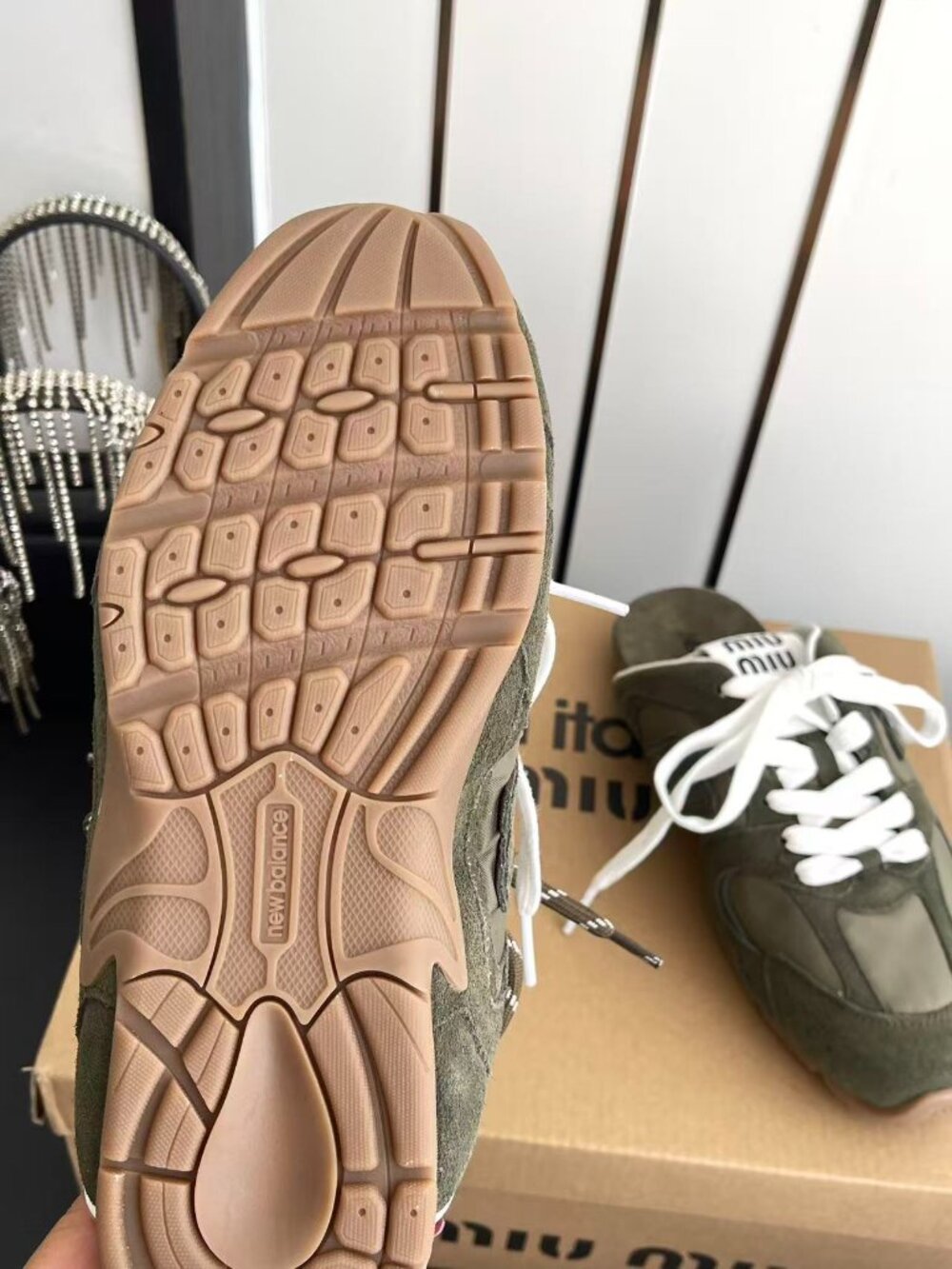 Miu Miu x New Balance Olive Green Suede Nylon Slip-On Mule Sneakers - Picture 7 of 7